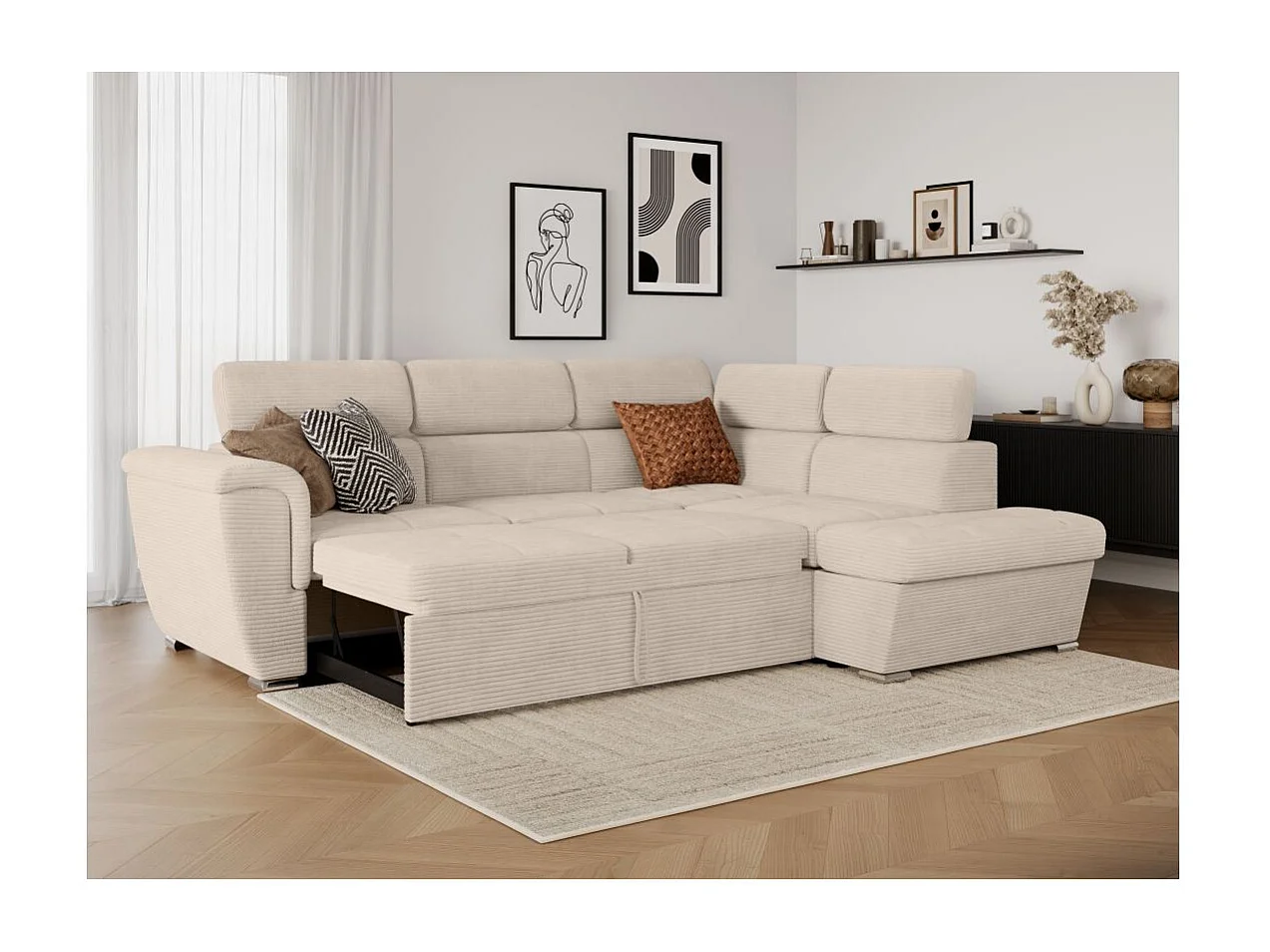 Canapé d'angle droit 4 places Paola convertible avec coffre en velours côtelé - Beige - L252 x P188 x H76cm - Loungitude