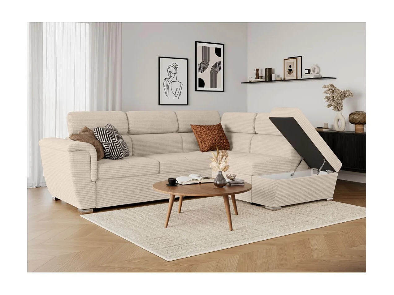 Canapé d'angle droit 4 places Paola convertible avec coffre en velours côtelé - Beige - L252 x P188 x H76cm - Loungitude