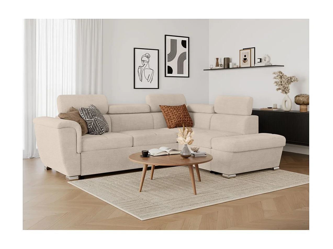 Canapé d'angle droit 4 places Paola convertible avec coffre en velours côtelé - Beige - L252 x P188 x H76cm - Loungitude
