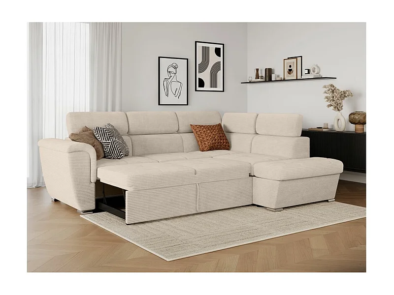 Canapé d'angle droit 4 places Paola convertible avec coffre en velours côtelé - Beige - L252 x P188 x H76cm - Loungitude