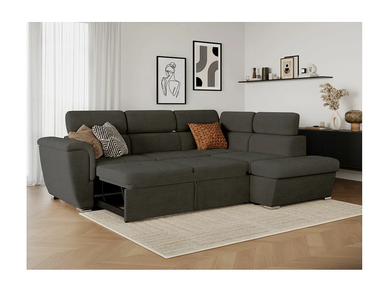 Canapé d'angle droit 4 places Paola convertible avec coffre en velours côtelé - Gris - L252 x P188 x H76cm - Loungitude