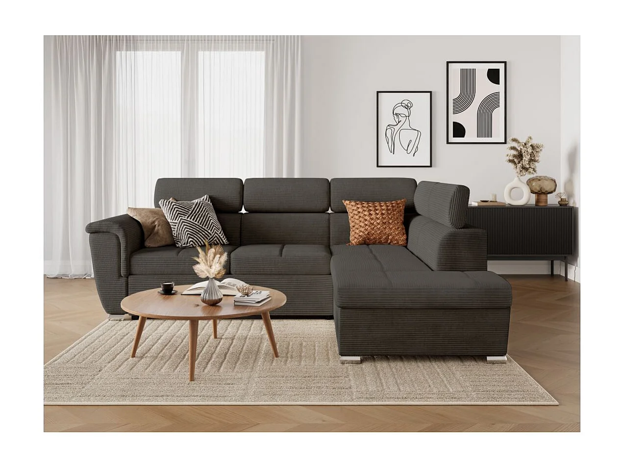 Canapé d'angle droit 4 places Paola convertible avec coffre en velours côtelé - Gris - L252 x P188 x H76cm - Loungitude