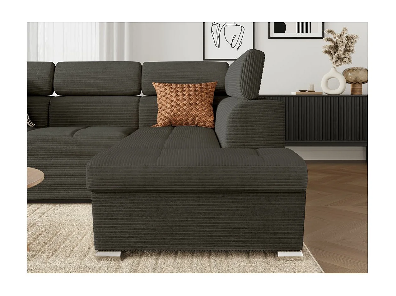 Canapé d'angle droit 4 places Paola convertible avec coffre en velours côtelé - Gris - L252 x P188 x H76cm - Loungitude