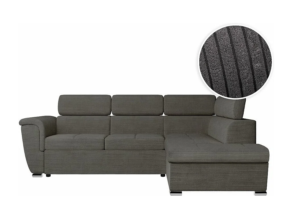 Canapé d'angle droit 4 places Paola convertible avec coffre en velours côtelé - Gris - L252 x P188 x H76cm - Loungitude