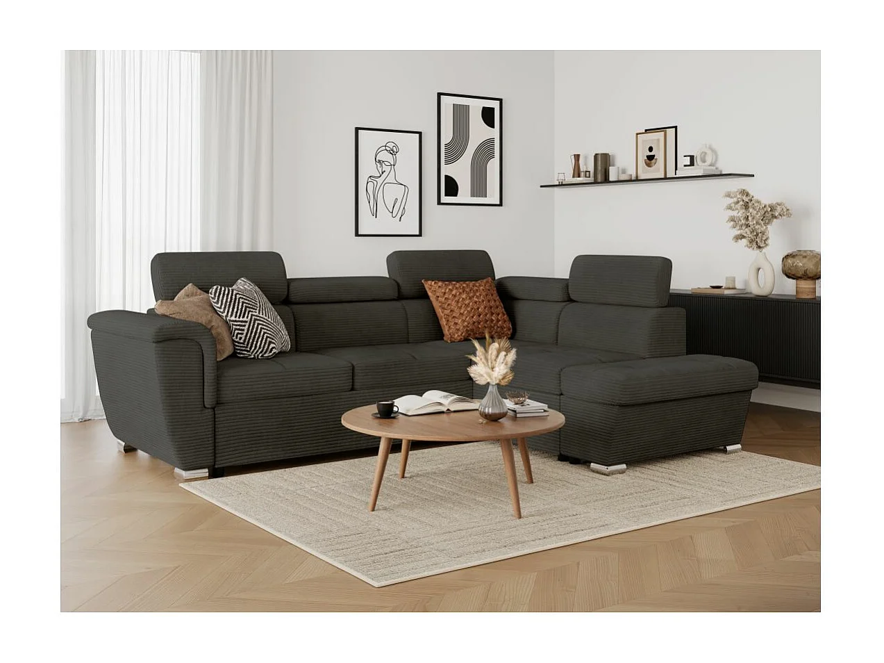 Canapé d'angle droit 4 places Paola convertible avec coffre en velours côtelé - Gris - L252 x P188 x H76cm - Loungitude