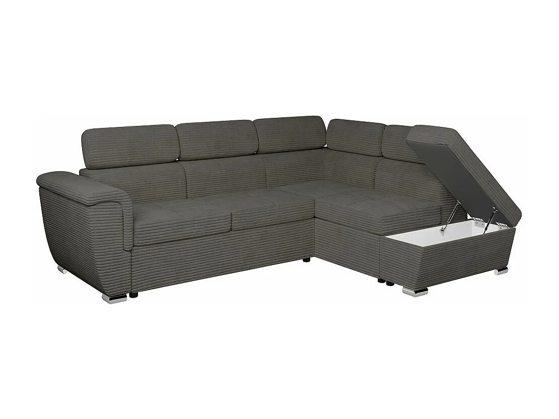 Canapé d'angle droit 4 places Paola convertible avec coffre en velours côtelé - Gris - L252 x P188 x H76cm - Loungitude