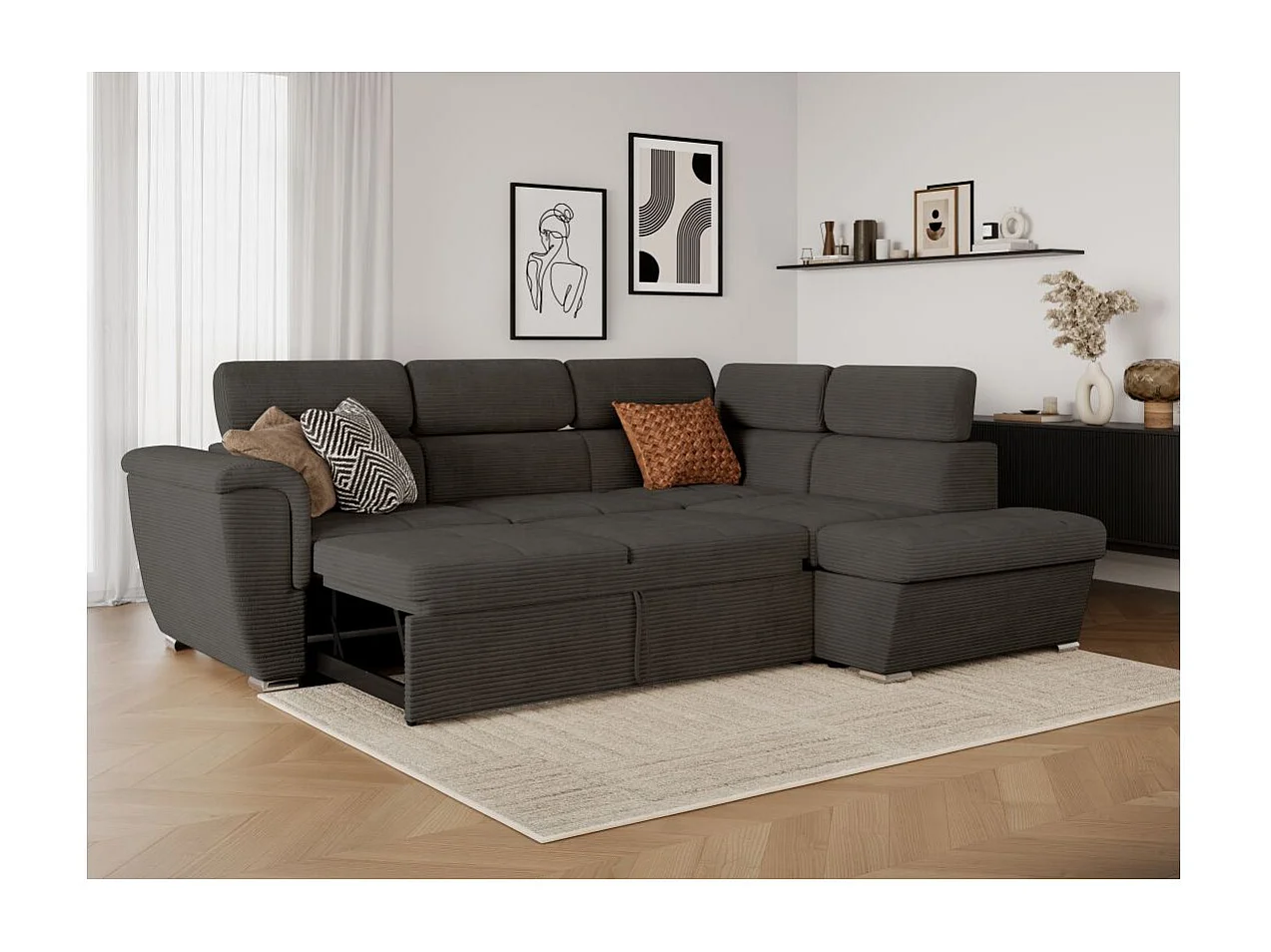 Canapé d'angle droit 4 places Paola convertible avec coffre en velours côtelé - Gris - L252 x P188 x H76cm - Loungitude