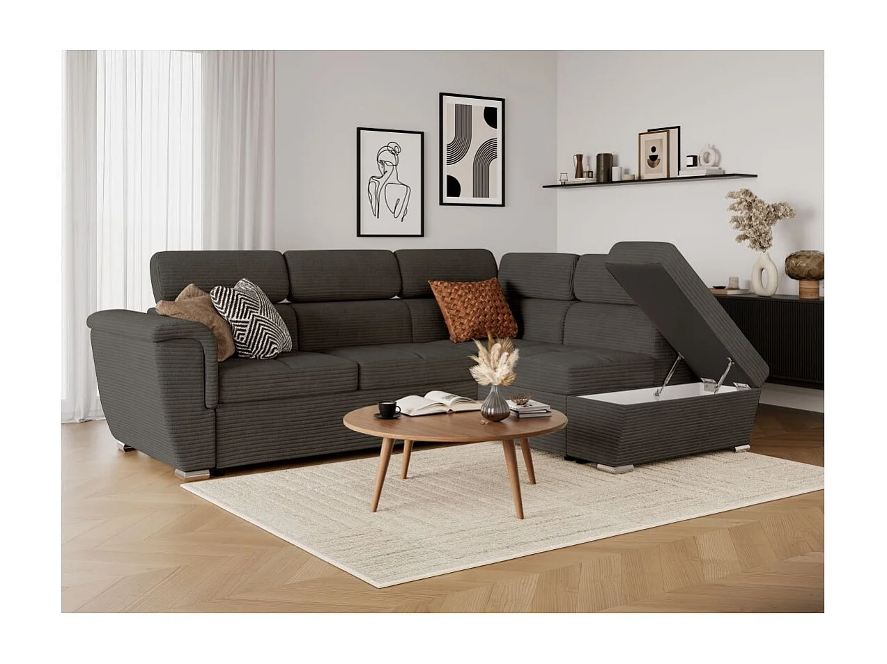Canapé d'angle droit 4 places Paola convertible avec coffre en velours côtelé - Gris - L252 x P188 x H76cm - Loungitude