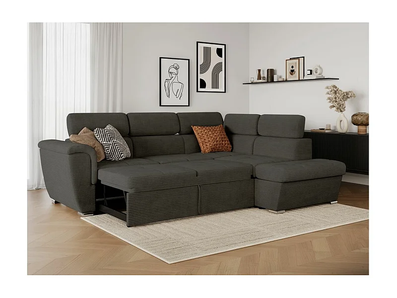 Canapé d'angle droit 4 places Paola convertible avec coffre en velours côtelé - Gris - L252 x P188 x H76cm - Loungitude