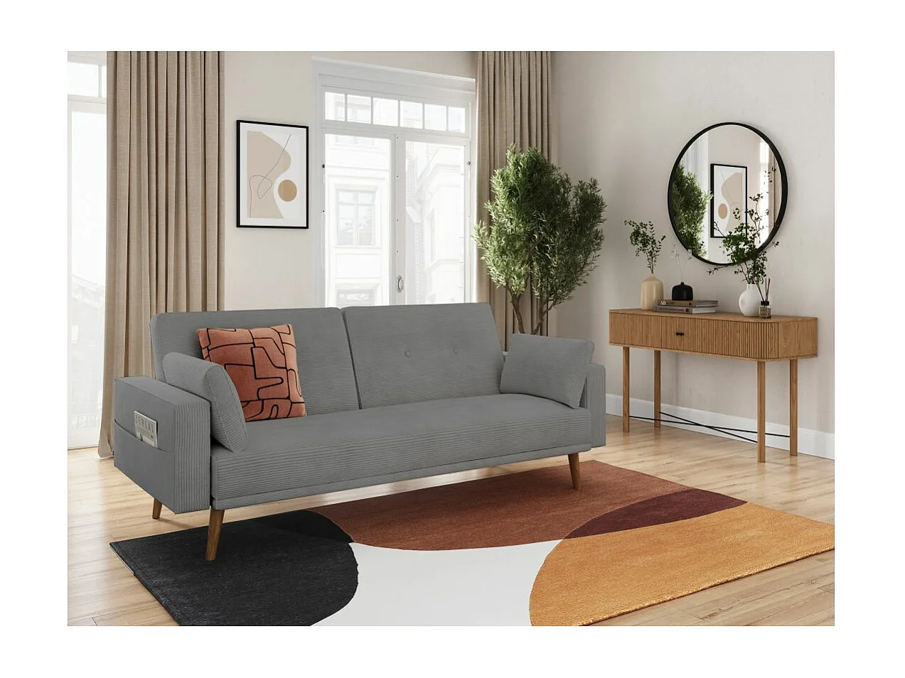 Canapé droit scandinave Elga convertible 3 places en velours côtelé - Gris - L205 x P85 x H87cm - Loungitude