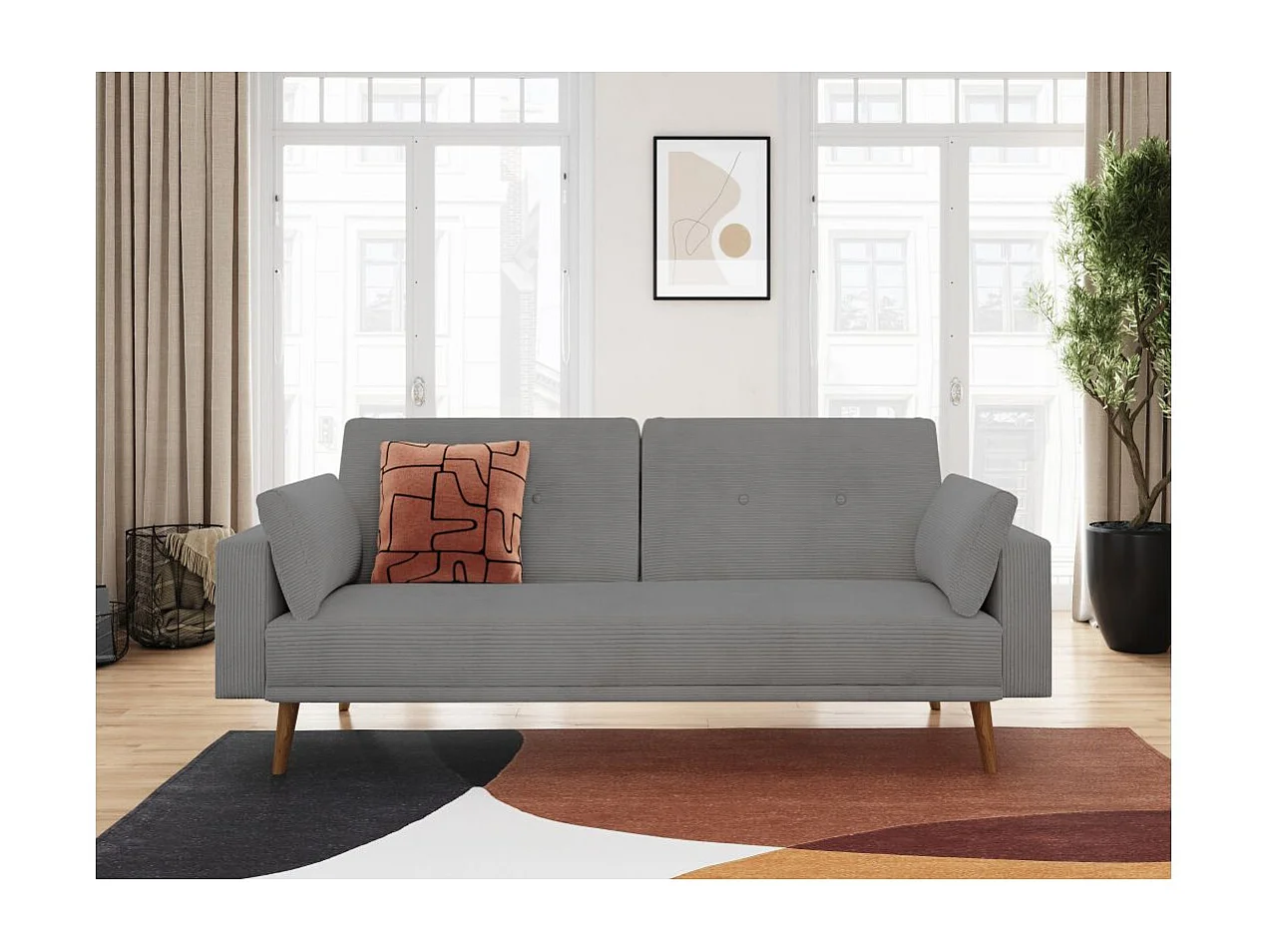 Canapé droit scandinave Elga convertible 3 places en velours côtelé - Gris - L205 x P85 x H87cm - Loungitude