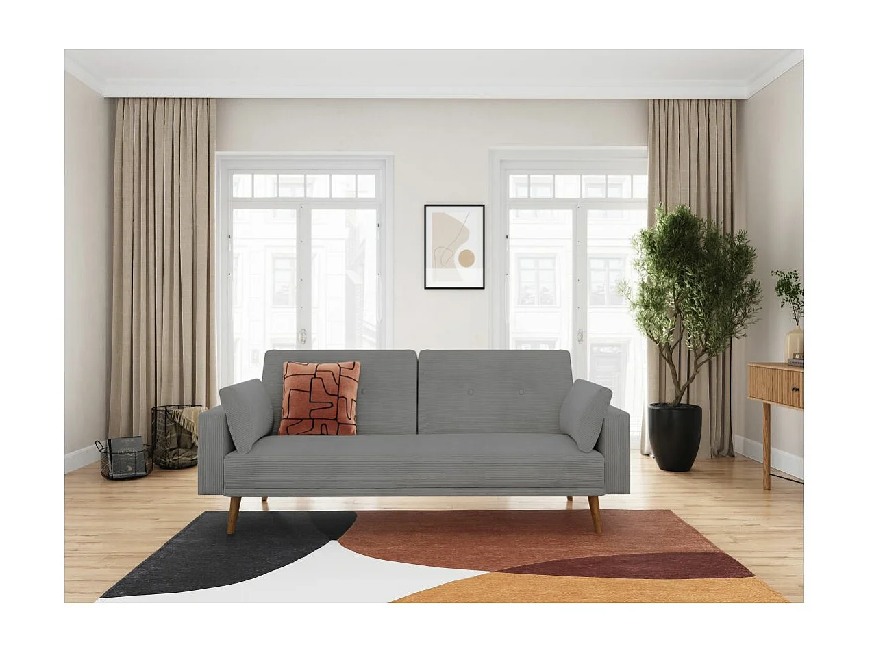 Canapé droit scandinave Elga convertible 3 places en velours côtelé - Gris - L205 x P85 x H87cm - Loungitude