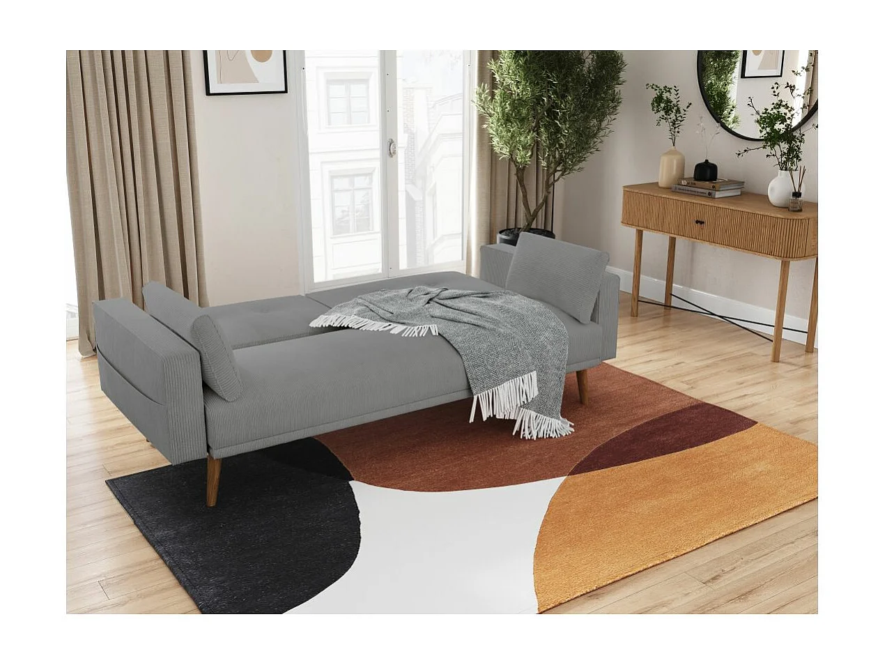 Canapé droit scandinave Elga convertible 3 places en velours côtelé - Gris - L205 x P85 x H87cm - Loungitude