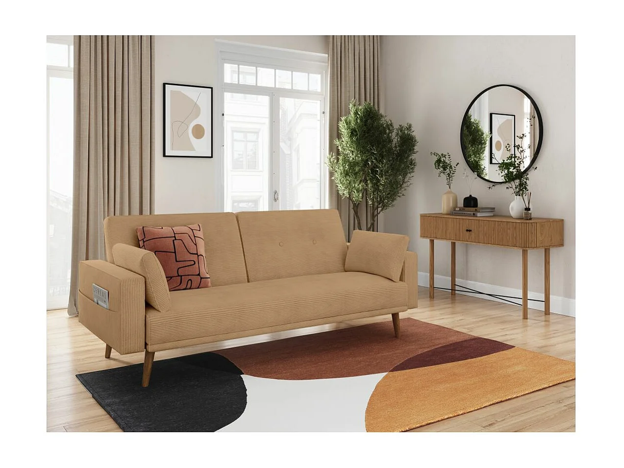 Canapé droit scandinave Elga convertible 3 places en velours côtelé - Taupe - L205 x P85 x H87cm - Loungitude