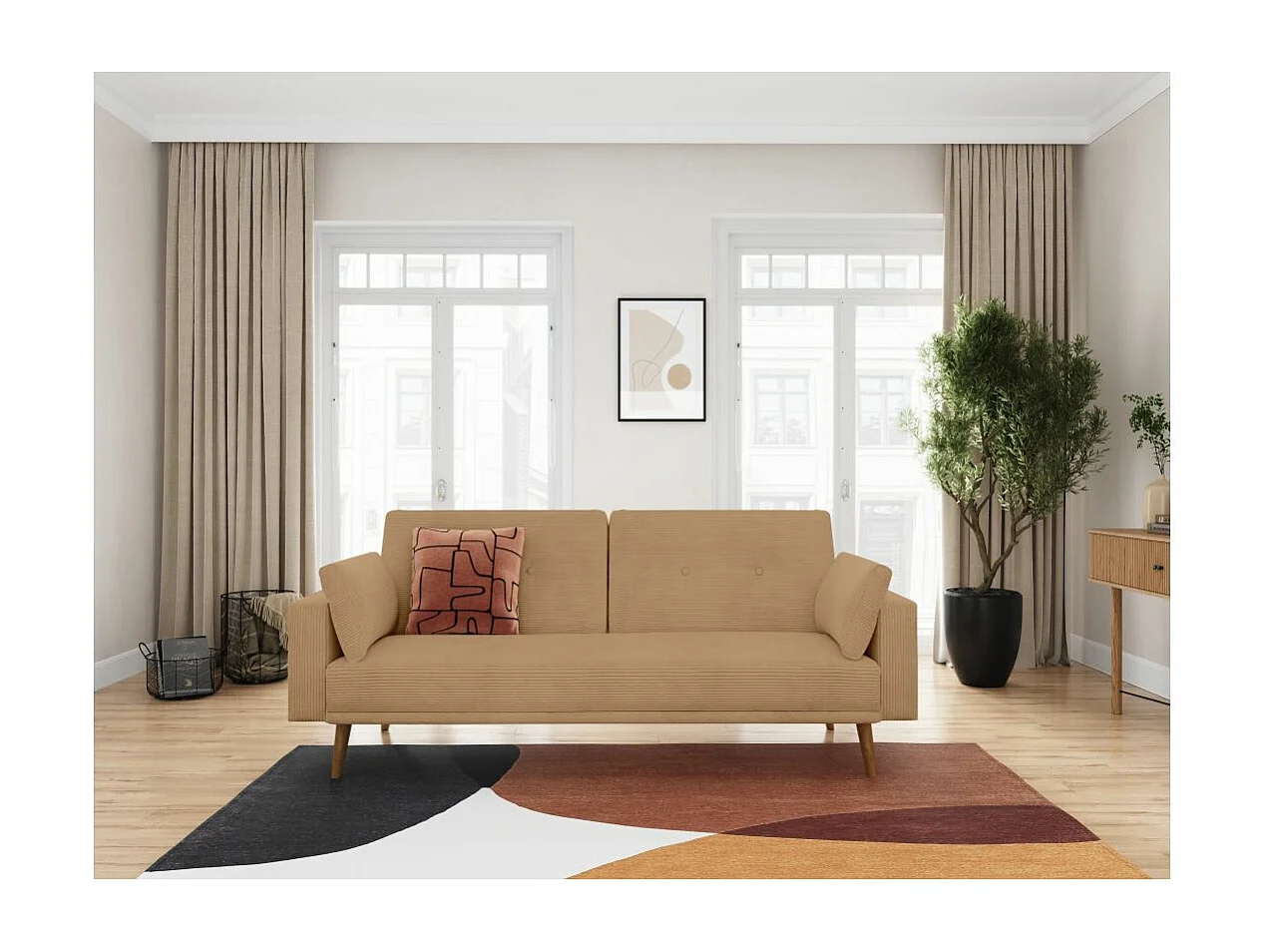 Canapé droit scandinave Elga convertible 3 places en velours côtelé - Taupe - L205 x P85 x H87cm - Loungitude