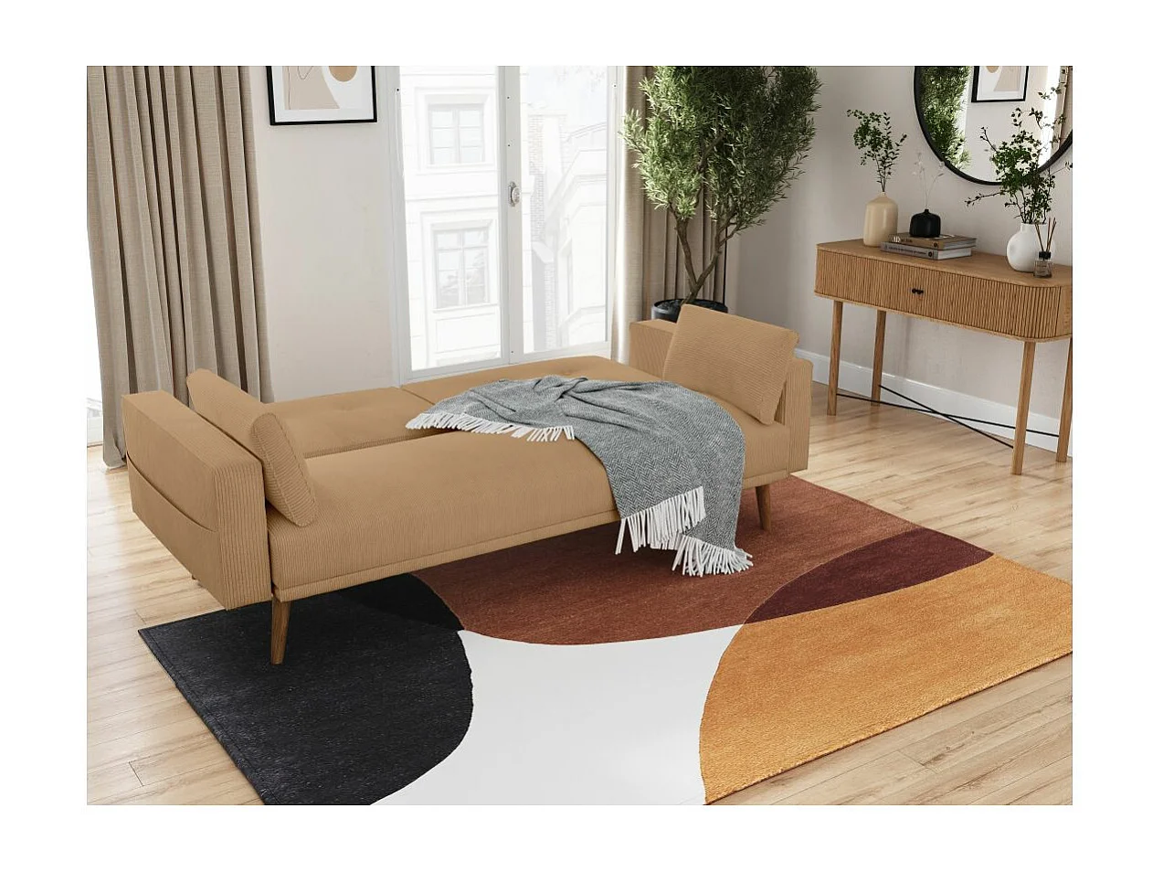 Canapé droit scandinave Elga convertible 3 places en velours côtelé - Taupe - L205 x P85 x H87cm - Loungitude