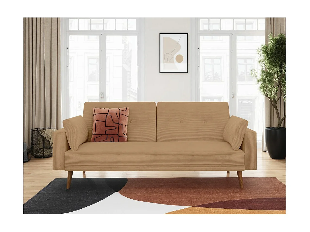 Canapé droit scandinave Elga convertible 3 places en velours côtelé - Taupe - L205 x P85 x H87cm - Loungitude
