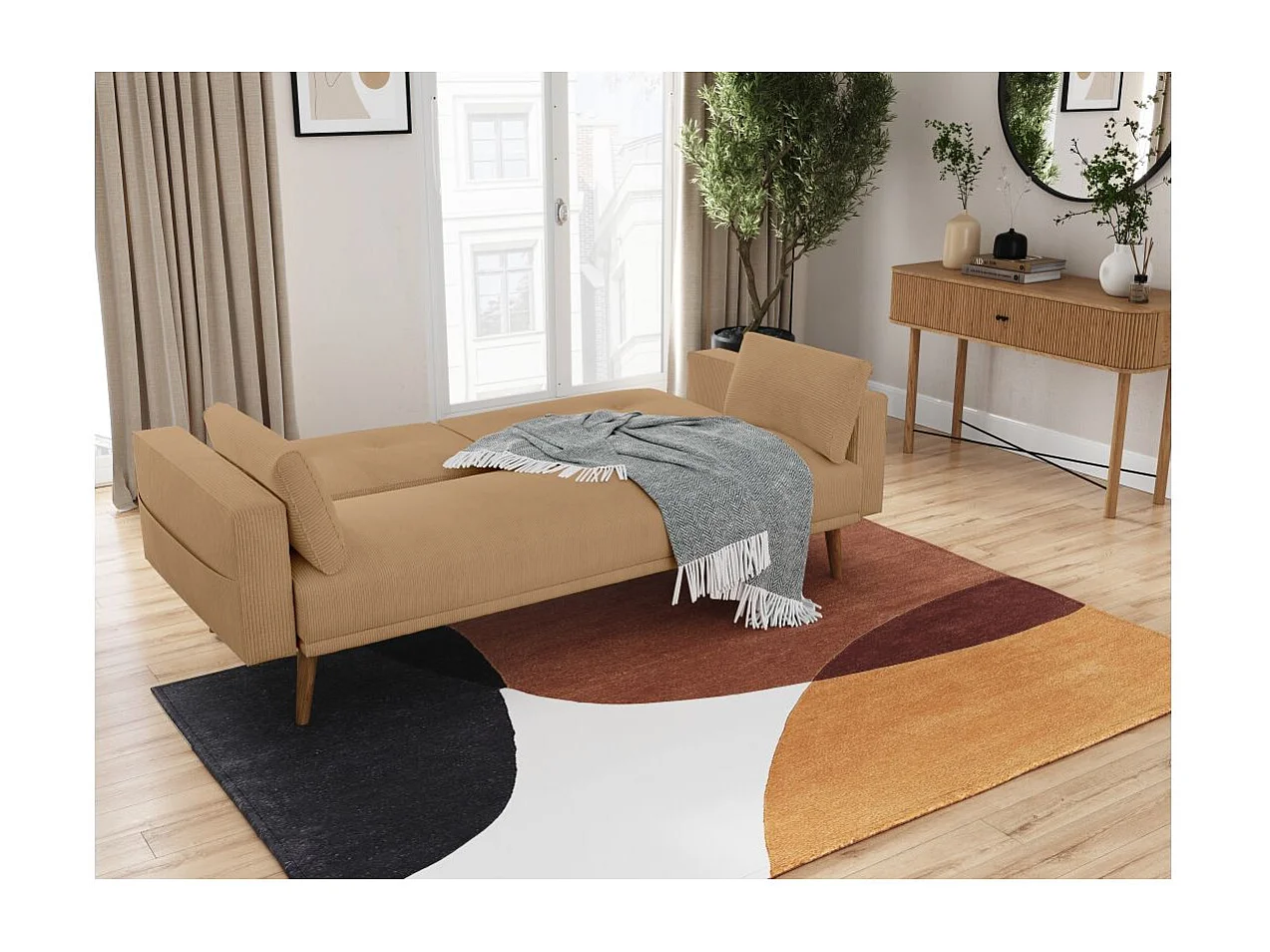 Canapé convertible clic-clac 3 places en velours taupe ELGA 205x85x87 cm
