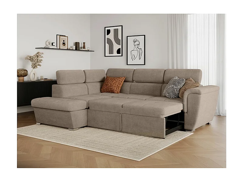 Canapé d'angle gauche 4 places Paola convertible avec coffre en velours côtelé - Taupe - L252 x P188 x H76cm - Loungitude