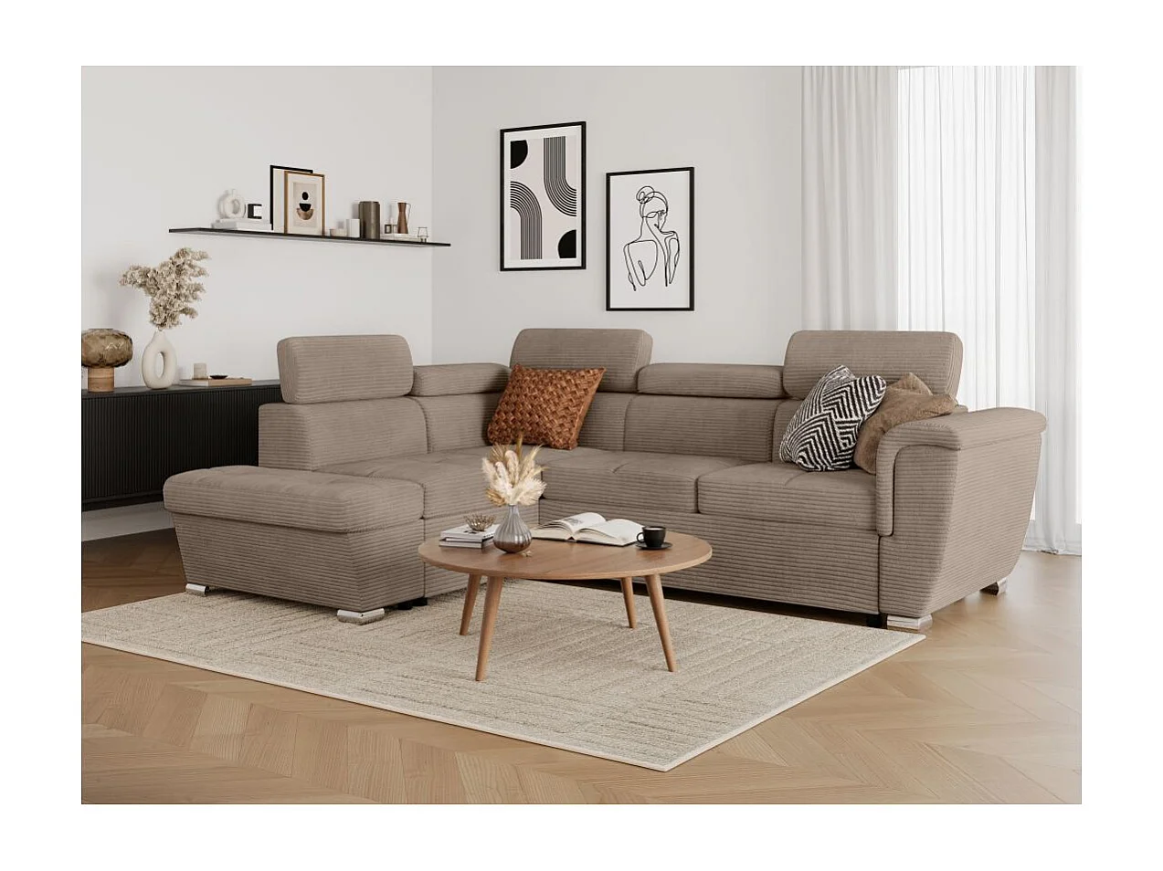 Canapé d'angle gauche 4 places Paola convertible avec coffre en velours côtelé - Taupe - L252 x P188 x H76cm - Loungitude