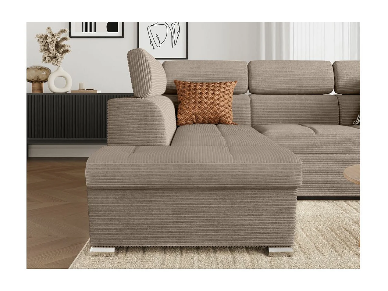 Canapé d'angle gauche 4 places Paola convertible avec coffre en velours côtelé - Taupe - L252 x P188 x H76cm - Loungitude