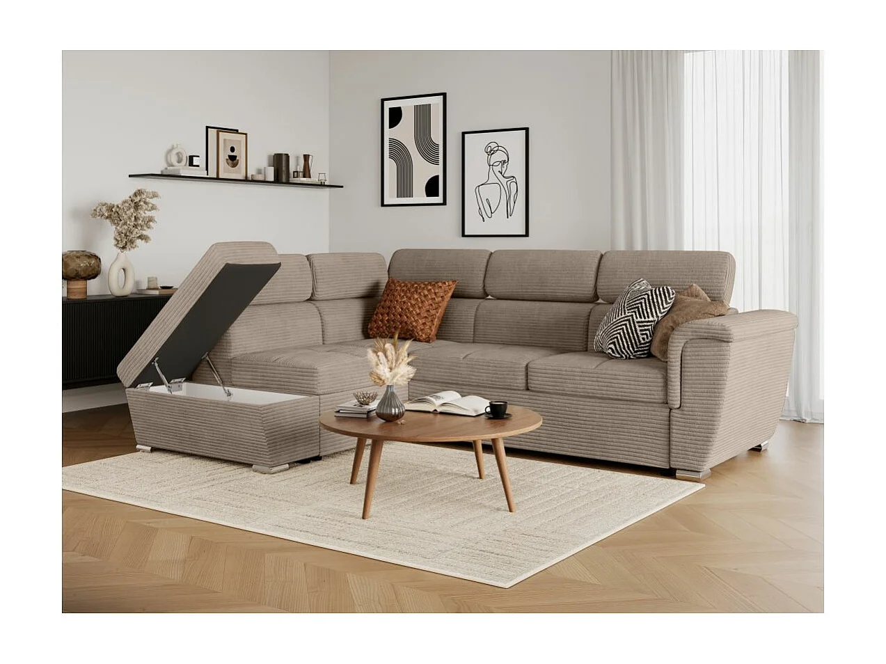 Canapé d'angle gauche 4 places Paola convertible avec coffre en velours côtelé - Taupe - L252 x P188 x H76cm - Loungitude