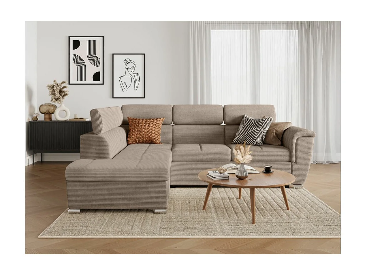 Canapé d'angle gauche 4 places Paola convertible avec coffre en velours côtelé - Taupe - L252 x P188 x H76cm - Loungitude