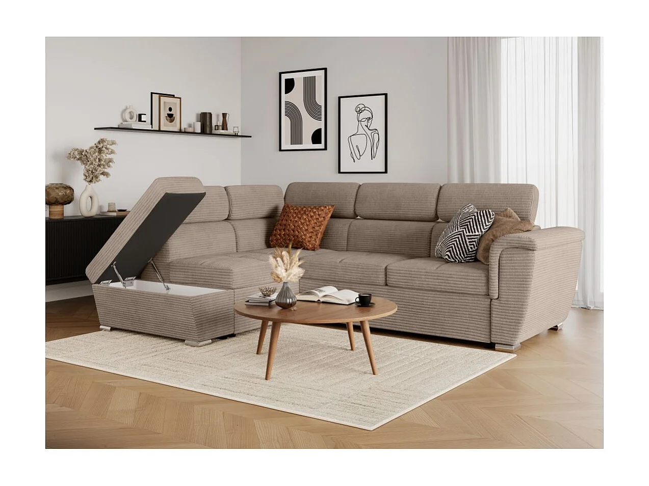 Canapé d'angle gauche 4 places Paola convertible avec coffre en velours côtelé - Taupe - L252 x P188 x H76cm - Loungitude