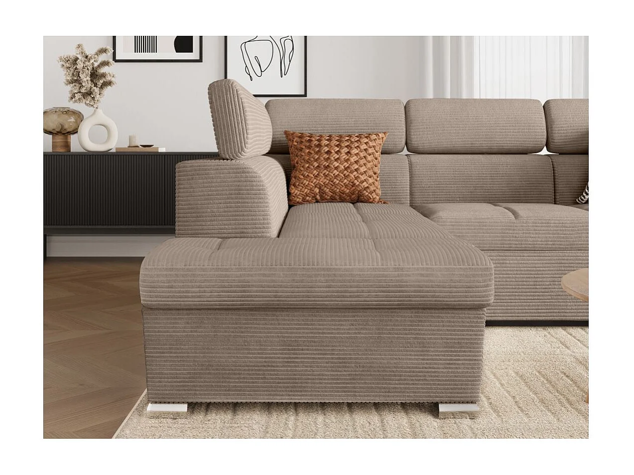 Canapé d'angle gauche 4 places Paola convertible avec coffre en velours côtelé - Taupe - L252 x P188 x H76cm - Loungitude