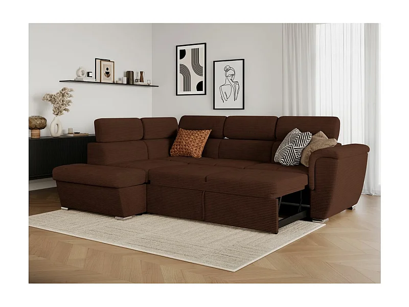 Canapé d'angle gauche 4 places Paola convertible avec coffre en velours côtelé - Marron - L252 x P188 x H76cm - Loungitude