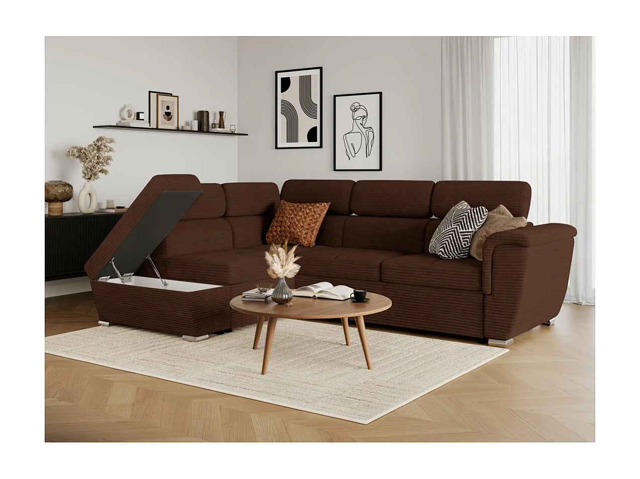 Canapé d'angle gauche 4 places Paola convertible avec coffre en velours côtelé - Marron - L252 x P188 x H76cm - Loungitude