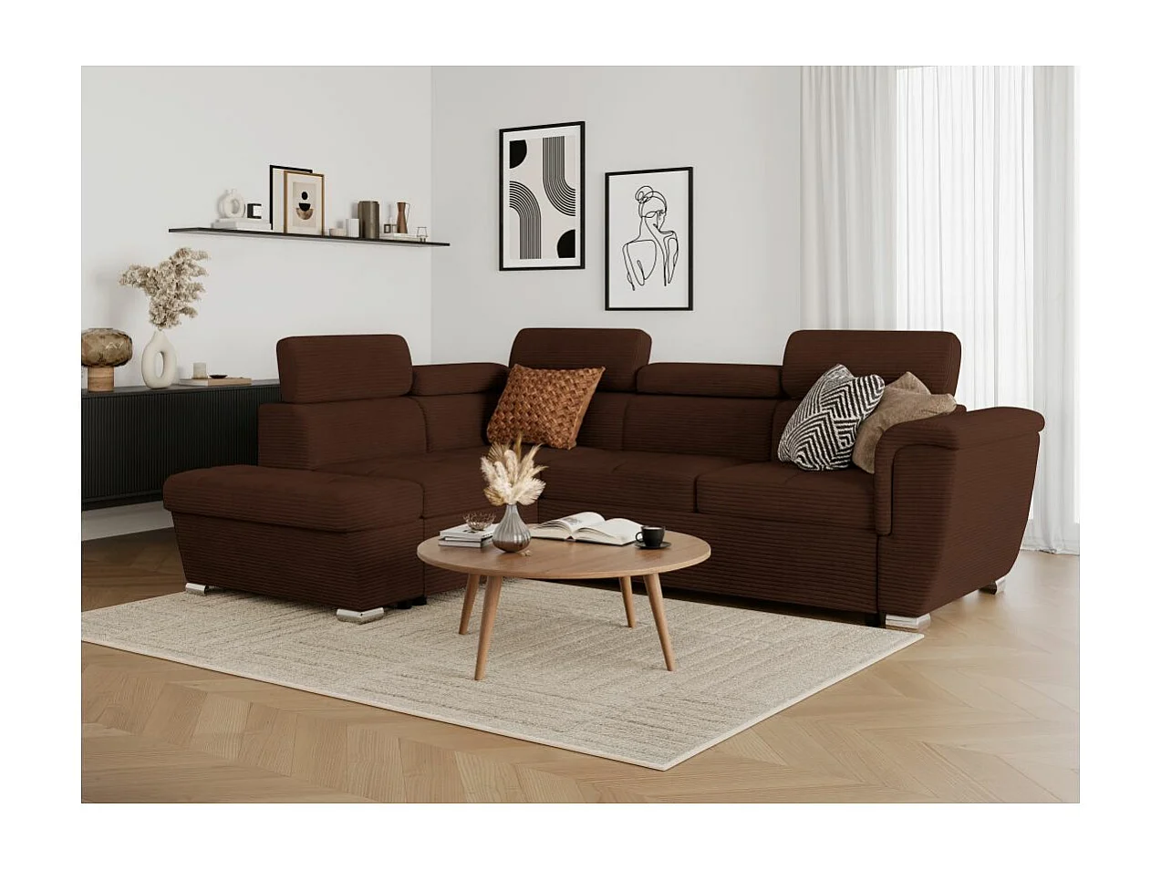 Canapé d'angle gauche 4 places Paola convertible avec coffre en velours côtelé - Marron - L252 x P188 x H76cm - Loungitude