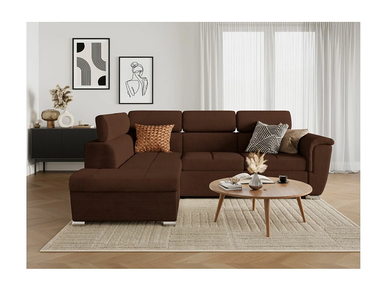 Canapé d'angle gauche 4 places Paola convertible avec coffre en velours côtelé - Marron - L252 x P188 x H76cm - Loungitude