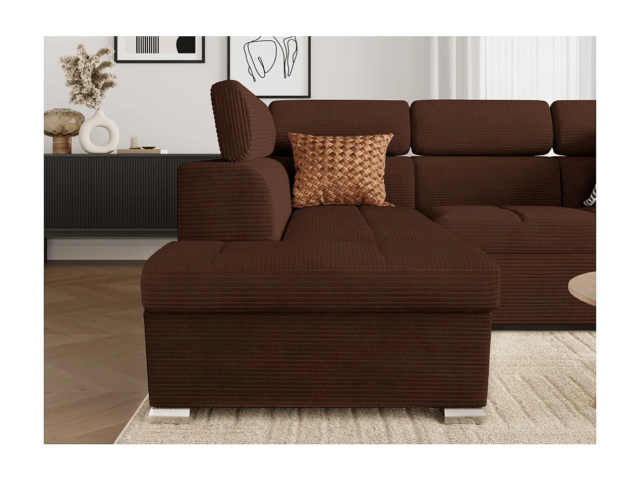 Canapé d'angle gauche 4 places Paola convertible avec coffre en velours côtelé - Marron - L252 x P188 x H76cm - Loungitude