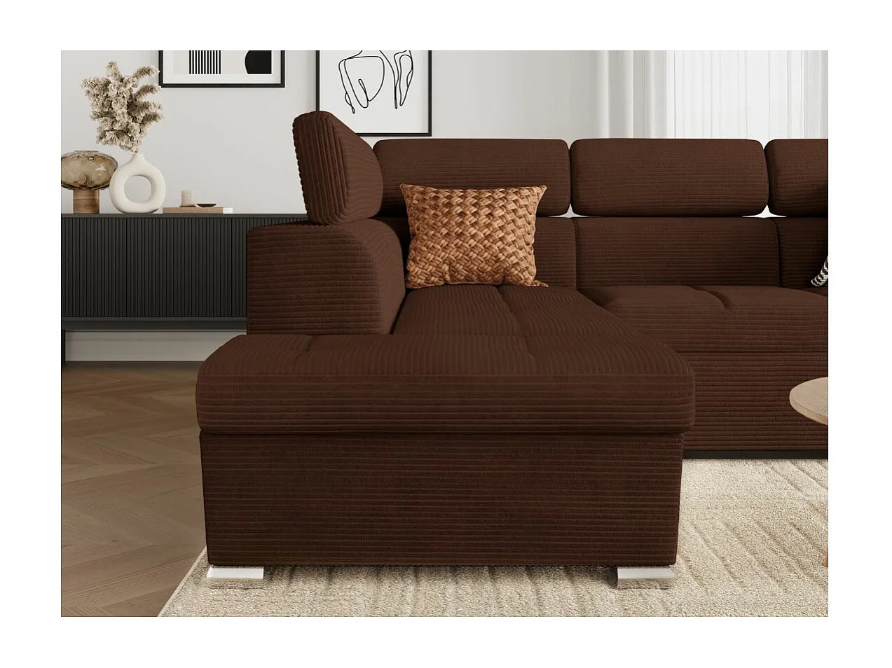 Canapé d'angle gauche 4 places Paola convertible avec coffre en velours côtelé - Marron - L252 x P188 x H76cm - Loungitude