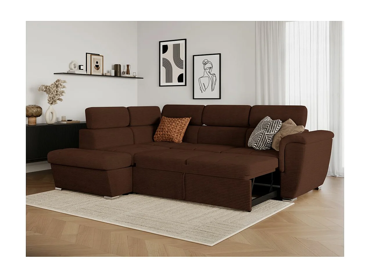 Canapé d'angle gauche 4 places Paola convertible avec coffre en velours côtelé - Marron - L252 x P188 x H76cm - Loungitude