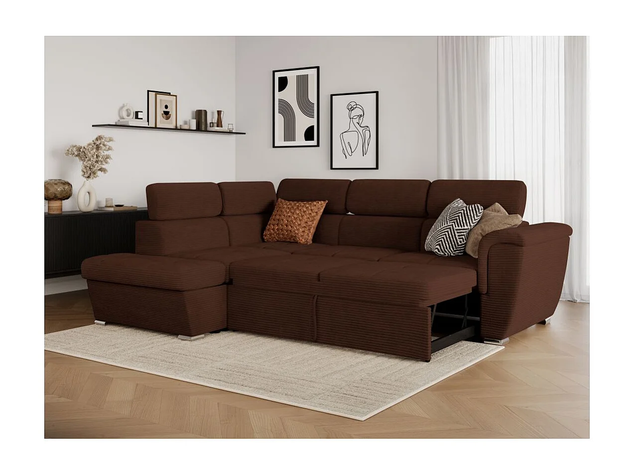 Canapé d'angle gauche 4 places Paola convertible avec coffre en velours côtelé - Marron - L252 x P188 x H76cm - Loungitude
