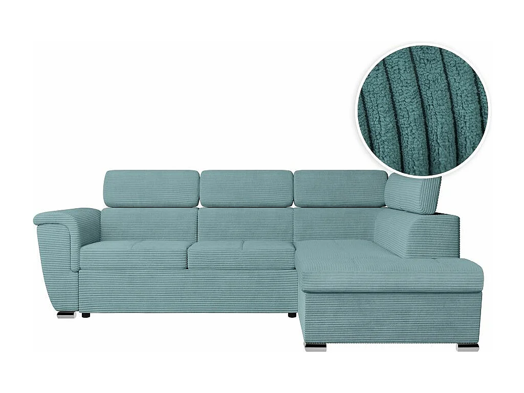 Canapé d'angle droit 4 places Paola convertible avec coffre en velours côtelé - Bleu clair - L252 x P188 x H76cm - Loungitude