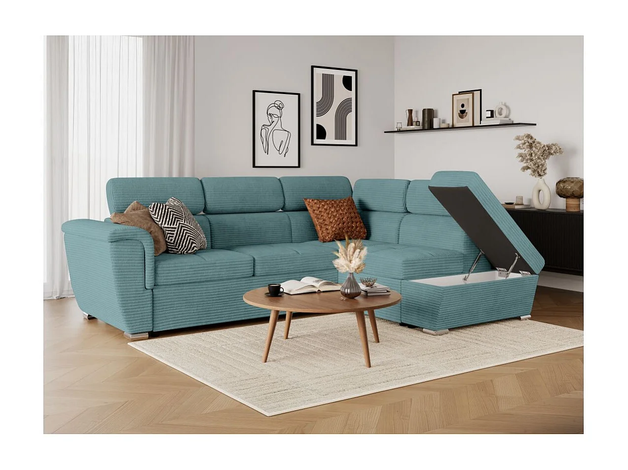 Canapé d'angle droit 4 places Paola convertible avec coffre en velours côtelé - Bleu clair - L252 x P188 x H76cm - Loungitude