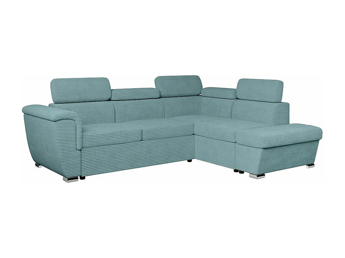 Canapé d'angle droit 4 places Paola convertible avec coffre en velours côtelé - Bleu clair - L252 x P188 x H76cm - Loungitude