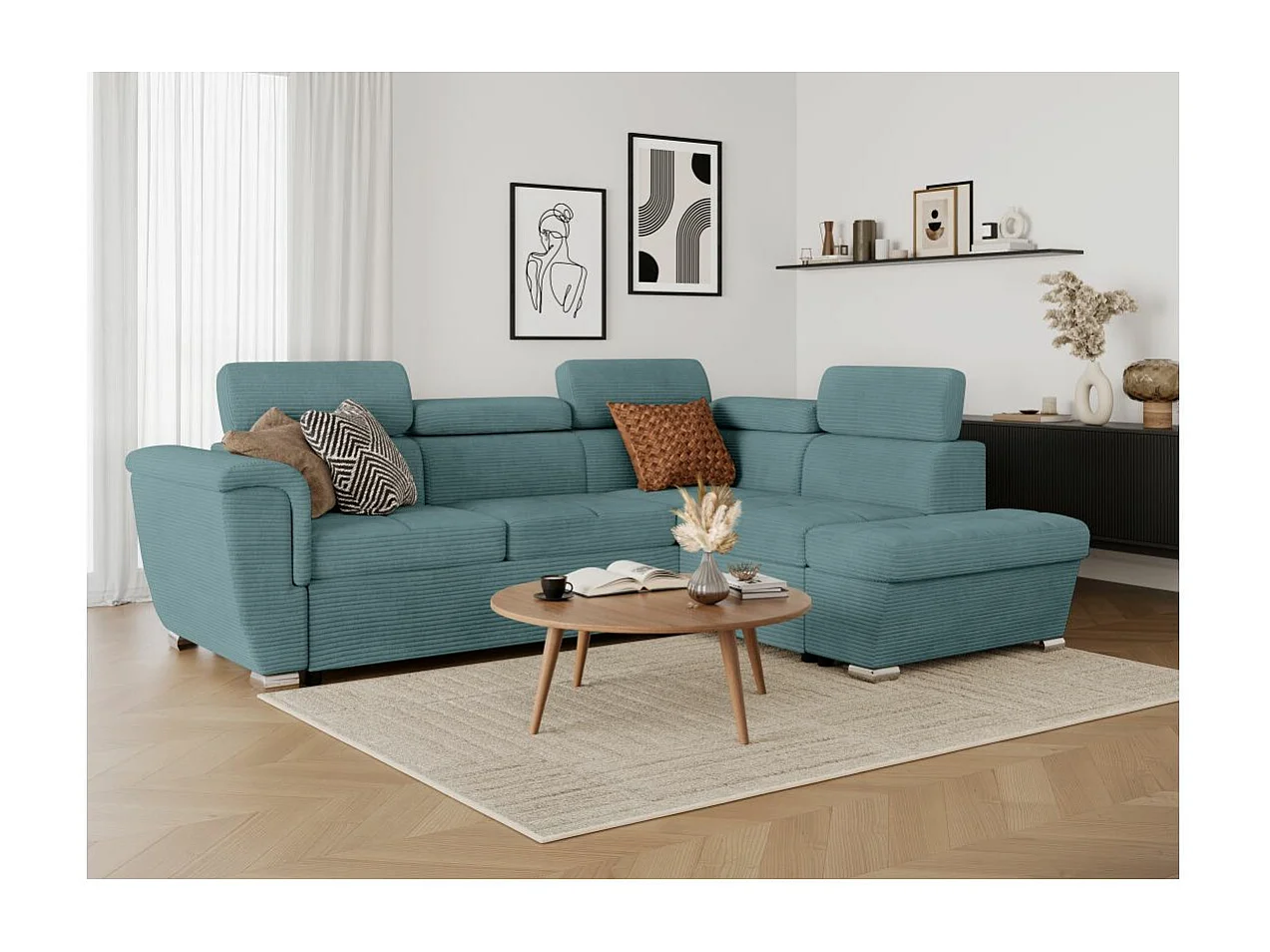 Canapé d'angle droit 4 places Paola convertible avec coffre en velours côtelé - Bleu clair - L252 x P188 x H76cm - Loungitude
