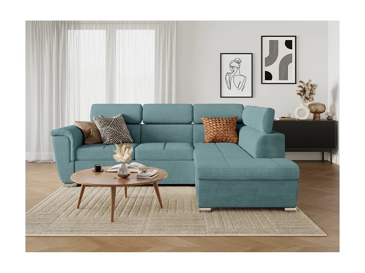 Canapé d'angle droit 4 places Paola convertible avec coffre en velours côtelé - Bleu clair - L252 x P188 x H76cm - Loungitude