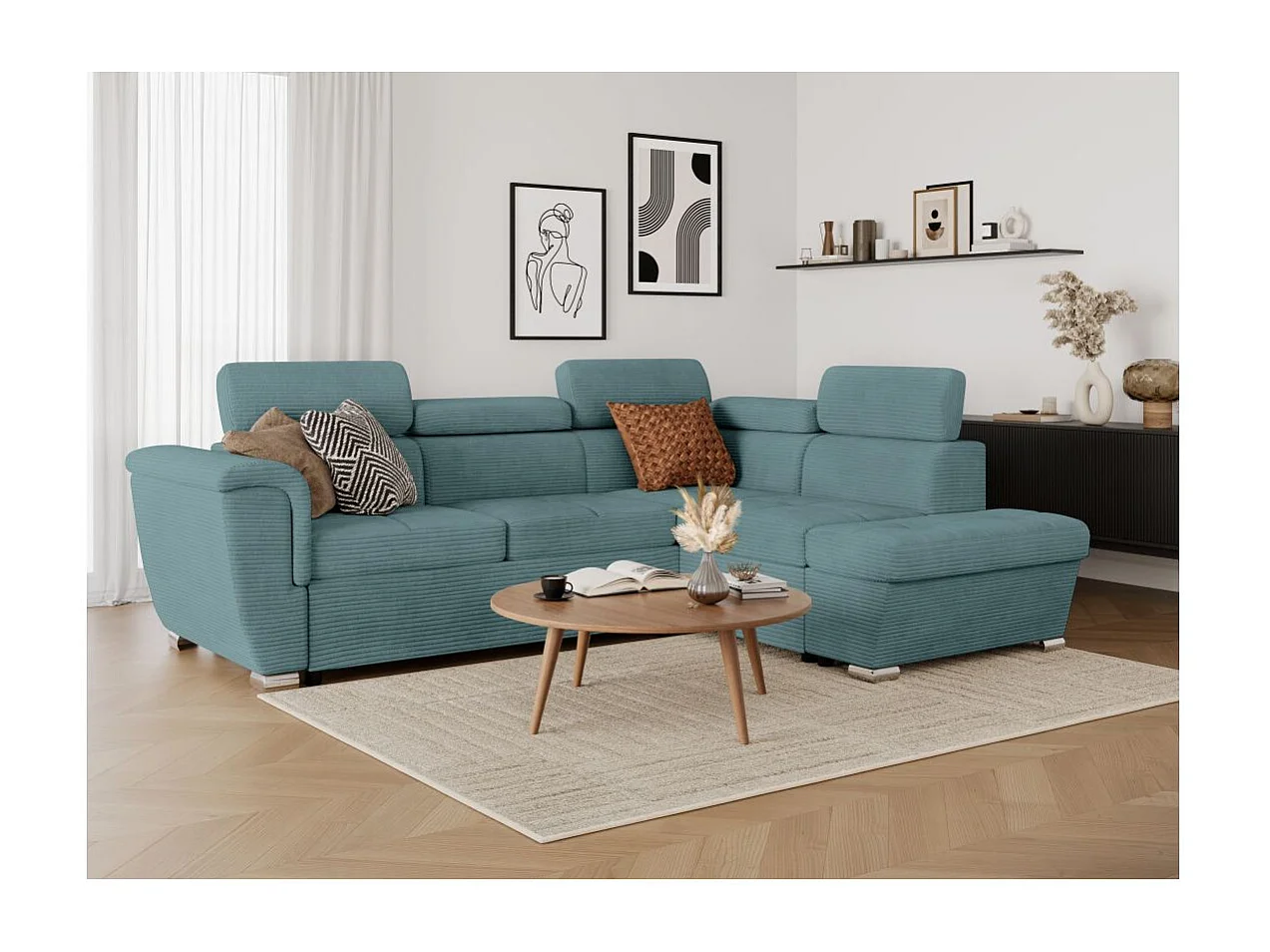 Canapé d'angle droit 4 places Paola convertible avec coffre en velours côtelé - Bleu clair - L252 x P188 x H76cm - Loungitude