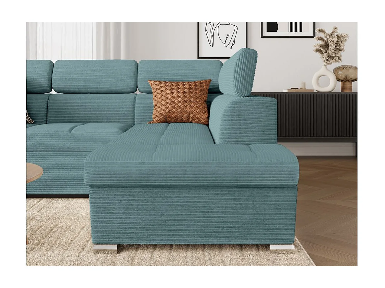 Canapé d'angle droit 4 places Paola convertible avec coffre en velours côtelé - Bleu clair - L252 x P188 x H76cm - Loungitude
