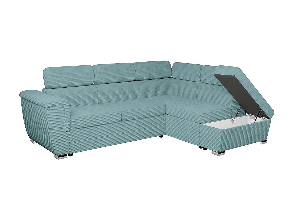 Canapé d'angle droit 4 places Paola convertible avec coffre en velours côtelé - Bleu clair - L252 x P188 x H76cm - Loungitude
