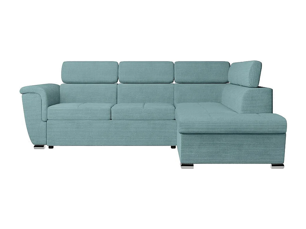 Canapé d'angle droit 4 places Paola convertible avec coffre en velours côtelé - Bleu clair - L252 x P188 x H76cm - Loungitude