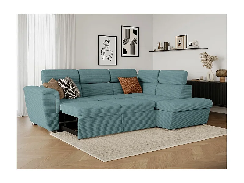 Canapé d'angle droit 4 places Paola convertible avec coffre en velours côtelé - Bleu clair - L252 x P188 x H76cm - Loungitude