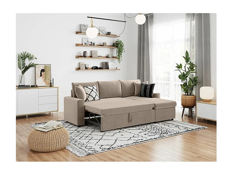 Canapé d'angle 3 places Maria réversible, convertible avec coffre en velours côtelé - Taupe - L227 x P146 x H81cm - Loungitude