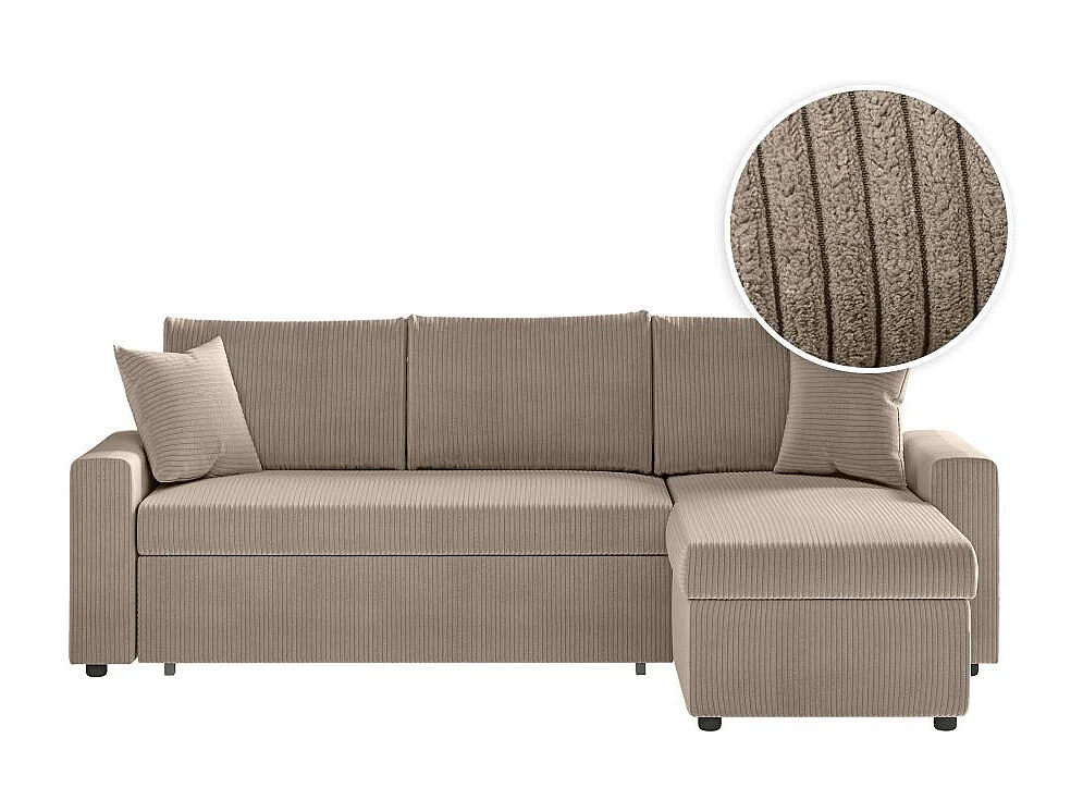 Canapé d'angle 3 places Maria réversible, convertible avec coffre en velours côtelé - Taupe - L227 x P146 x H81cm - Loungitude