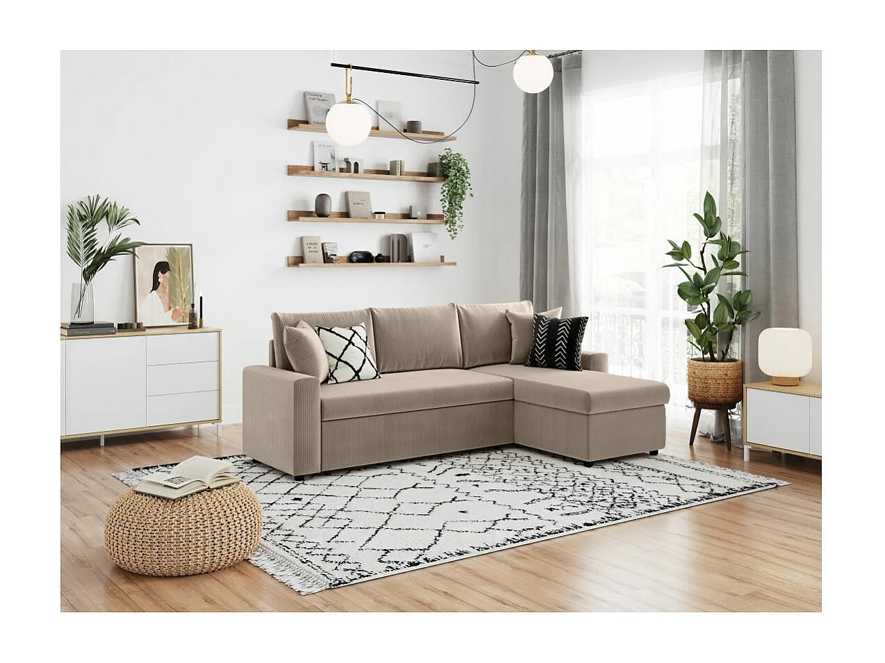 Canapé d'angle 3 places Maria réversible, convertible avec coffre en velours côtelé - Taupe - L227 x P146 x H81cm - Loungitude